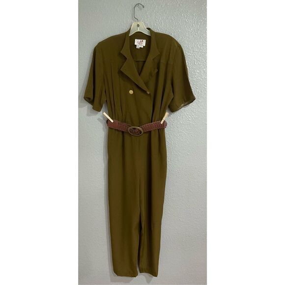 Vintage 70’s jumpsuit Army green gold buttons belt Sz 14 Imported fabric linen/ - Picture 2 of 8